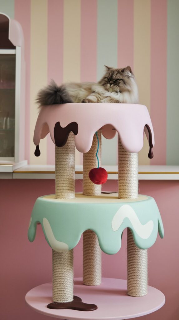Pastel-colored ice cream-themed cat tree with scoop-shaped platforms and a fluffy Persian cat lounging on top.