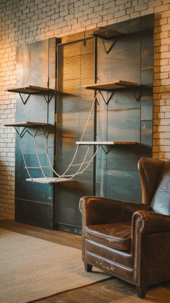 DIY cat climbing setup with a metal mesh climbing section, exposed brick, and warm, moody lighting.