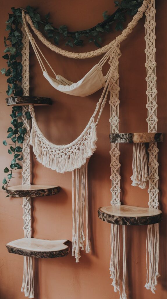 DIY cat tree design with woven macramé elements, hanging rope accents, and natural wooden platforms.