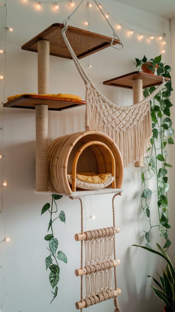 DIY cat tree with a modern Boho aesthetic, featuring bamboo hideouts, jute-wrapped ladders, and stylish wall decor.