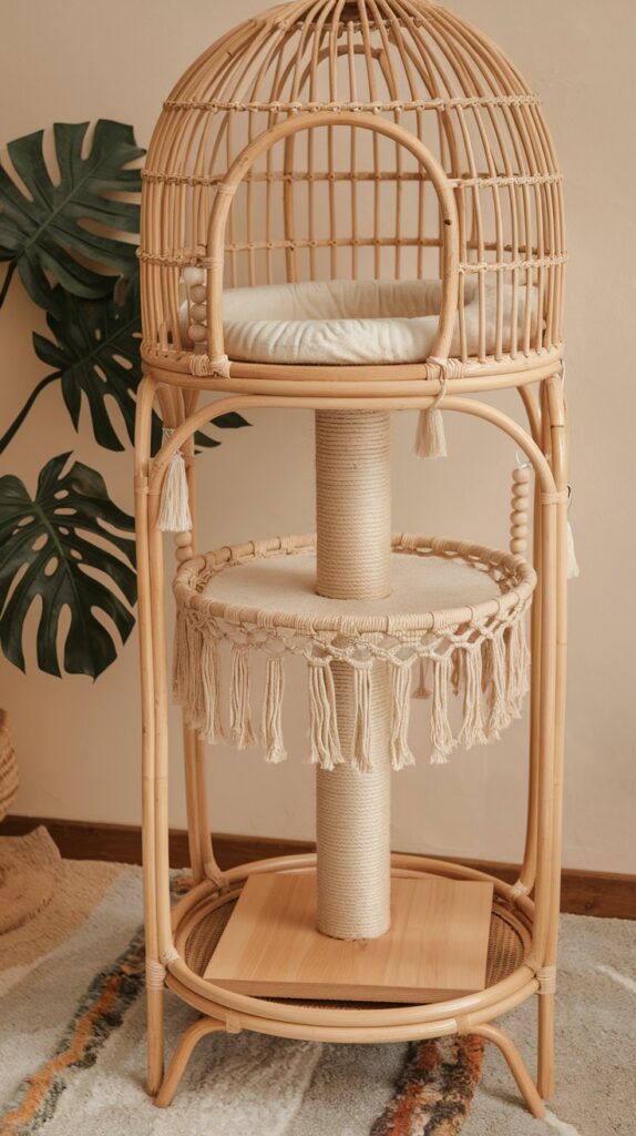 DIY-inspired rattan cat tower with a plush cushion, woven textures, and hanging tassels, ideal for Boho home decor.