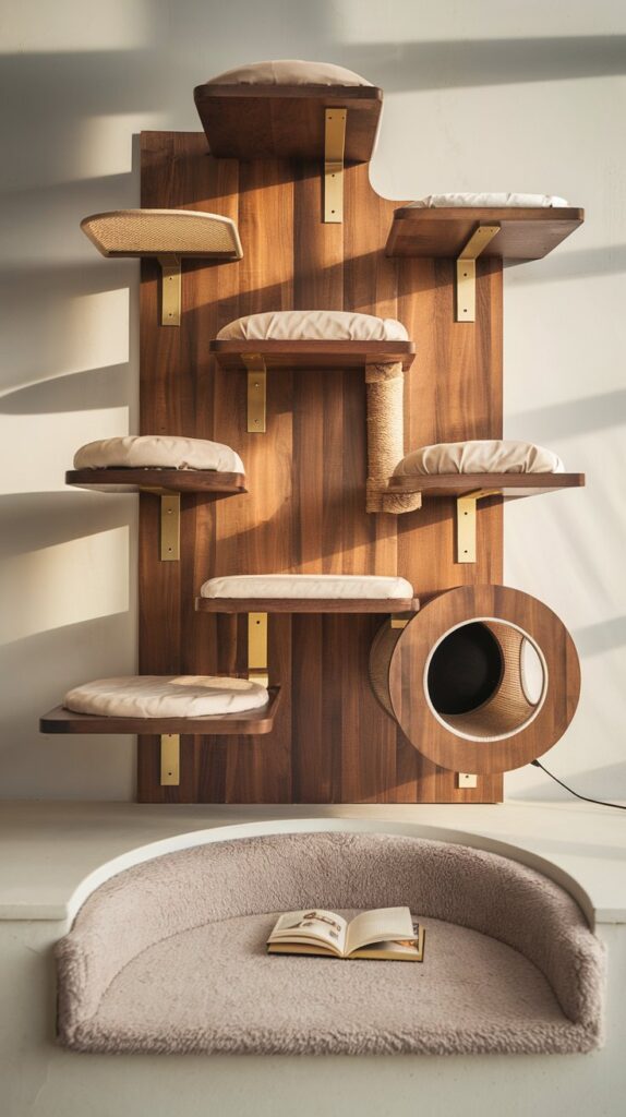 Elegant DIY cat tree with floating steps, brass hardware, and a cozy reading nook in a neutral-toned space.