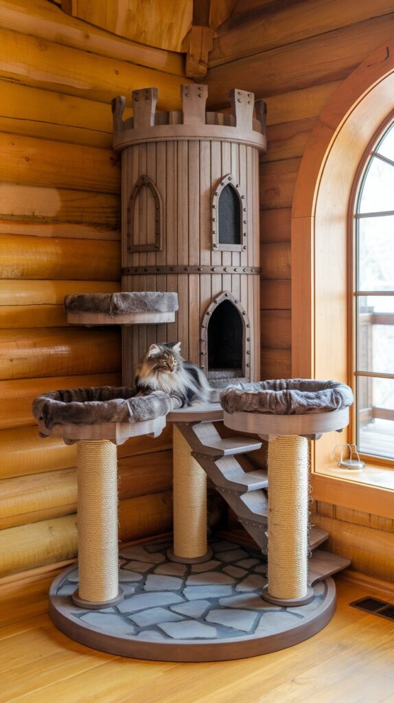 Enchanted castle-style cat tower featuring a tall sisal-wrapped column, arched wooden platforms, and ivy-like rope details.