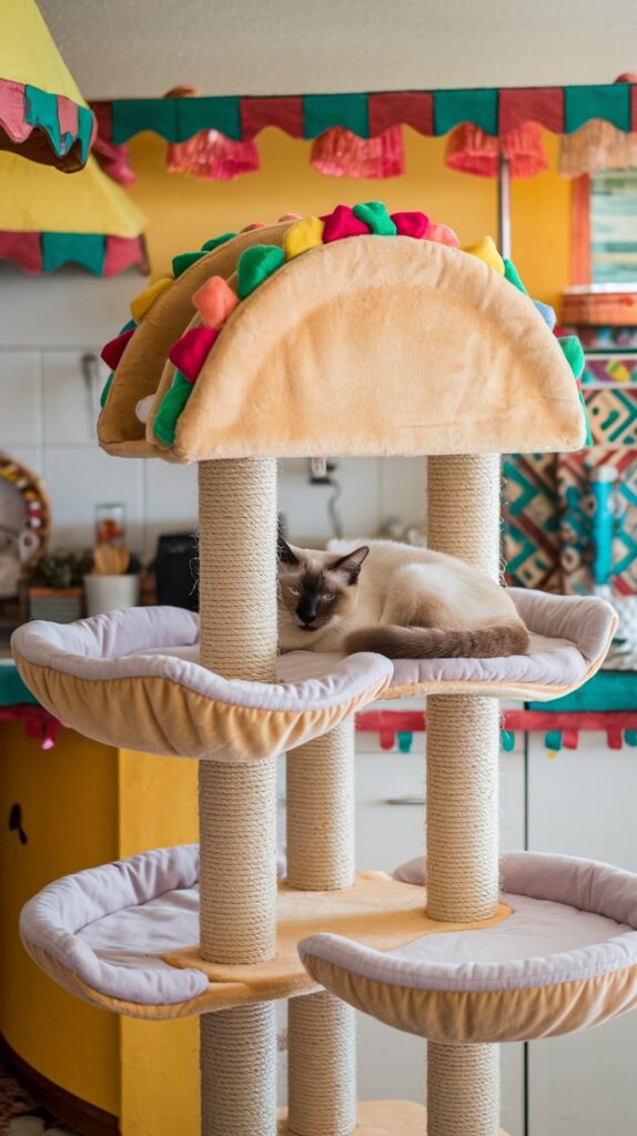 Cute and unique cat tower resembling a taco shop, complete with soft cushions and a cozy Siamese cat resting in a sunlit kitchen.