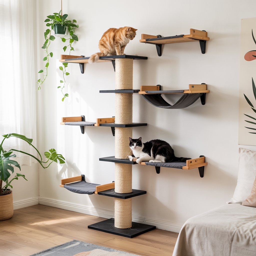 Floating cat wall shelves with scratching post and lounging platforms for active cats in a sleek modern interior.