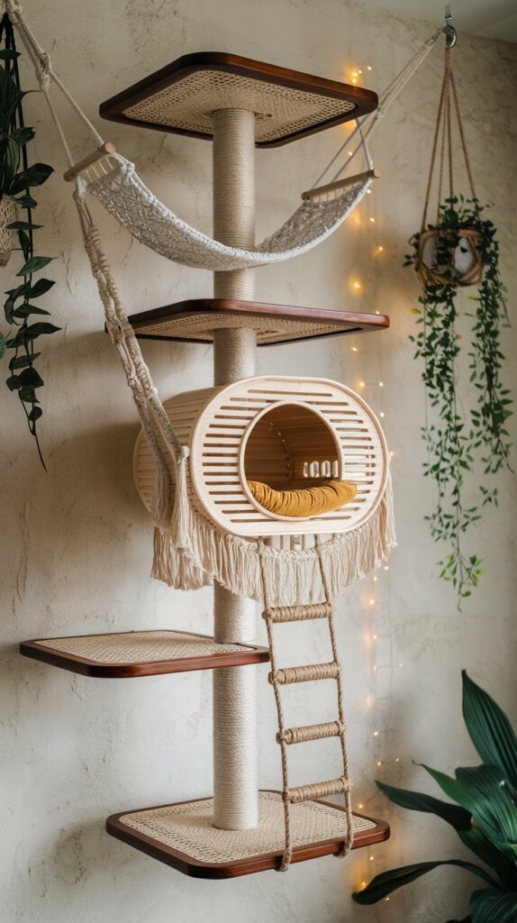 Floating wall-mounted cat tower with macrame hammocks, rattan platforms, and cozy pet hideaway