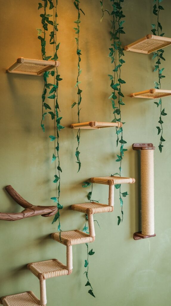 Floating wooden cat steps surrounded by tropical greenery, blending home decor with a jungle aesthetic.