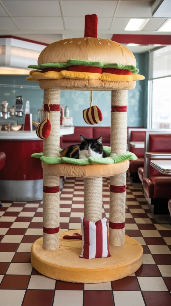 Fun burger-inspired cat tree with bun-shaped platforms, fry box-style rope supports, and dangling fry toys in a retro diner setting.