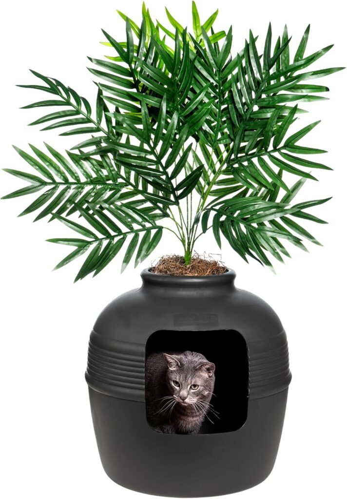 Good Pet Stuff Hidden Cat Litter Box Enclosure with Artificial Plant, Decorative Round Planter, Vented Carbon Charcoal Filter for Odor Control, Easy-to-Clean, Made in USA image