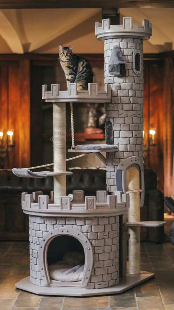 Gothic cat furniture that blends seamlessly into medieval-inspired home decor, featuring intricate carvings and stone finishes.