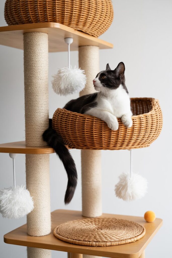 Handcrafted boho cat tree with rattan platforms, natural wood base, and cozy cushions for a chic and functional pet space.