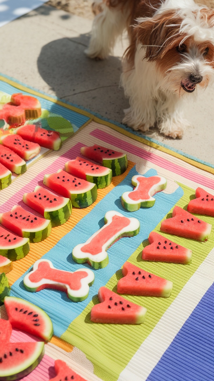 Frozen watermelon yogurt dog treats in fun shapes on a pet mat, with a dog in the background.