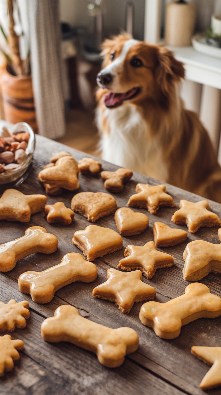 Homemade honey and chamomile dog treats shaped like bones and stars on a wooden table, with a dog eagerly awaiting.