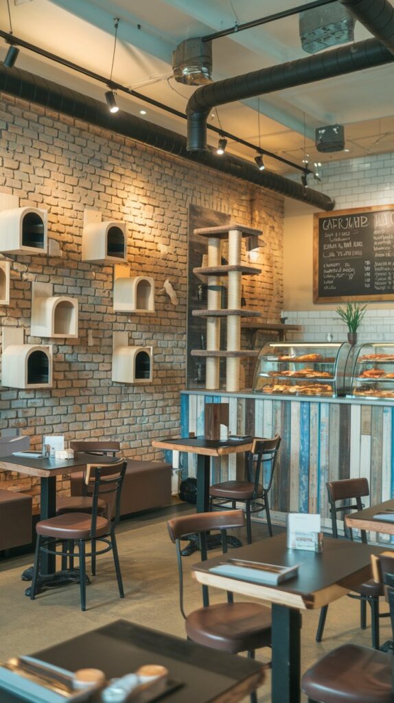 Industrial cat café with exposed brick and modern cat decor.