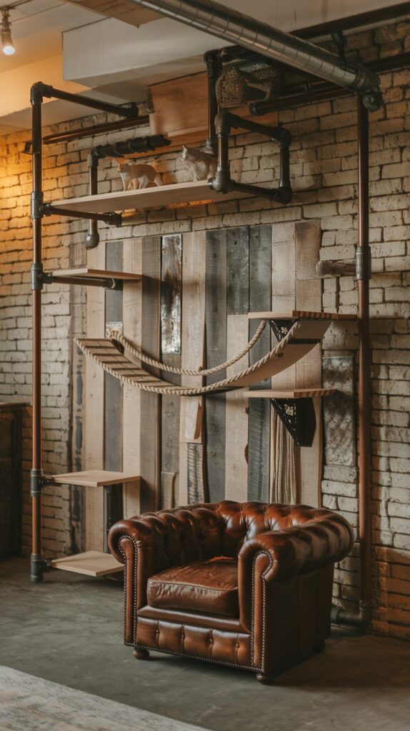 Industrial-style cat climbing wall with reclaimed wood platforms, black metal pipes, and a rope bridge.