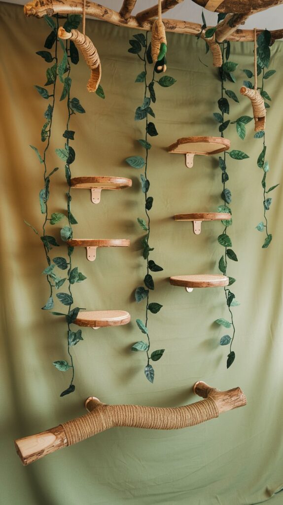 Jungle-inspired cat climbing wall with organic wood steps, woven rattan perches, and cascading greenery for a natural look.