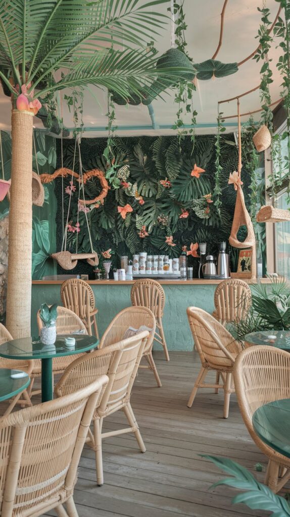 Jungle-inspired cat coffee shop with skylights and greenery.