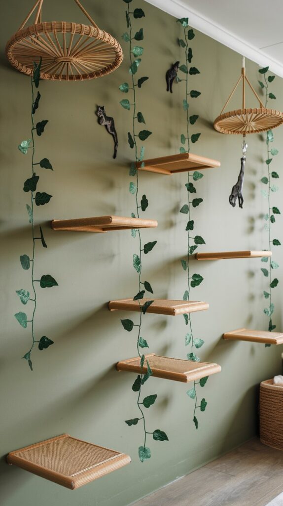 Lush jungle-inspired cat climbing wall with real wood floating platforms, rattan perches, and hanging vines.