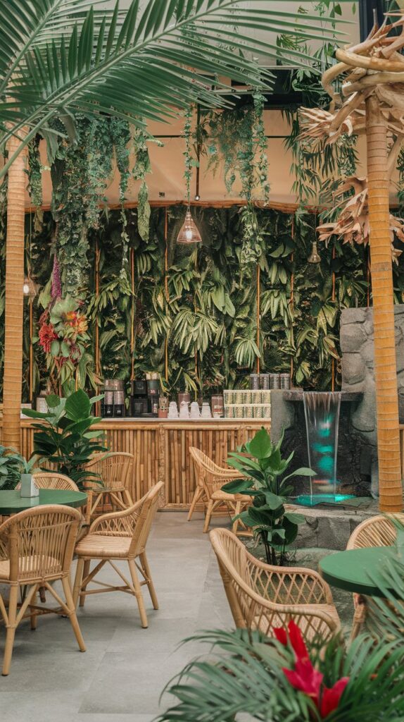 Lush tropical cat café with hanging plants and wooden accents.