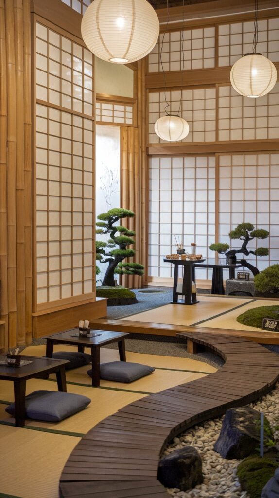 Minimalist Japanese cat café with bamboo walls and shoji screens.