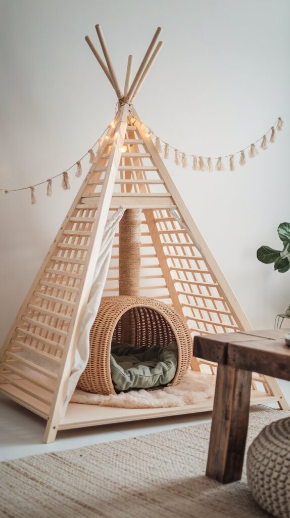 Minimalist wooden teepee cat tree with soft faux-sheepskin bedding, a cozy wicker hideout, and a neutral-toned Boho aesthetic.