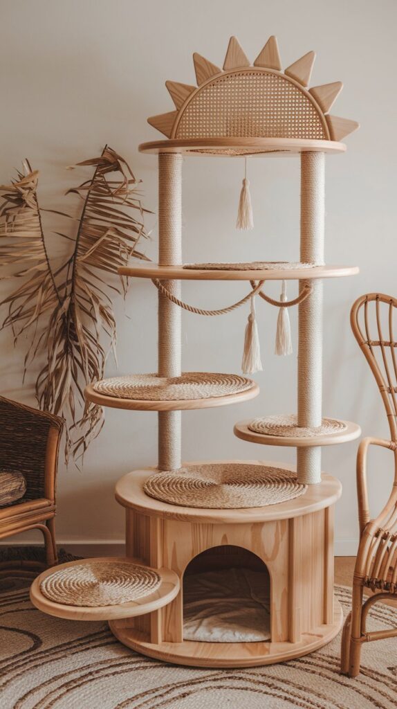 Modern DIY cat tree with floating platforms, stylish rope details, and a cozy cubby for an effortlessly chic pet space.