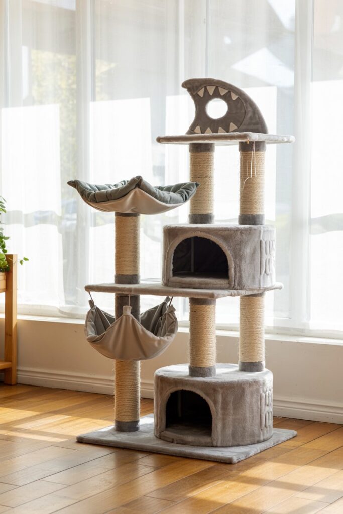 Modern blue and cream cat furniture with wave patterns, a shark-shaped top, and vertical climbing design.