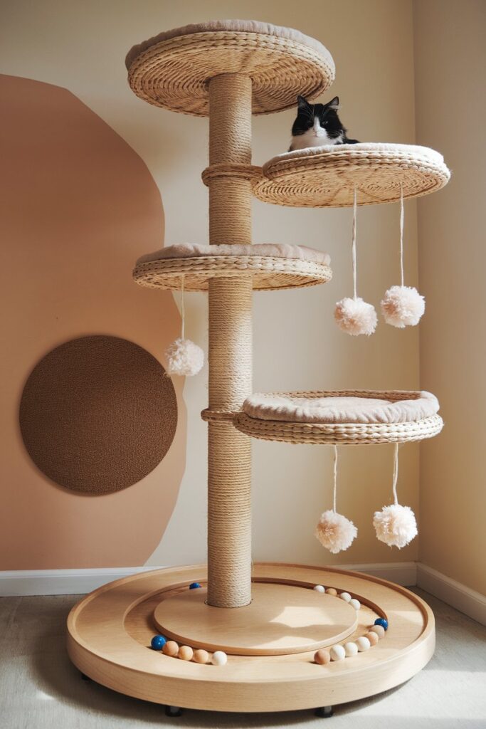 Modern boho cat tree with woven wicker baskets, neutral sisal posts, and cozy perches — stylish cat furniture for small spaces.