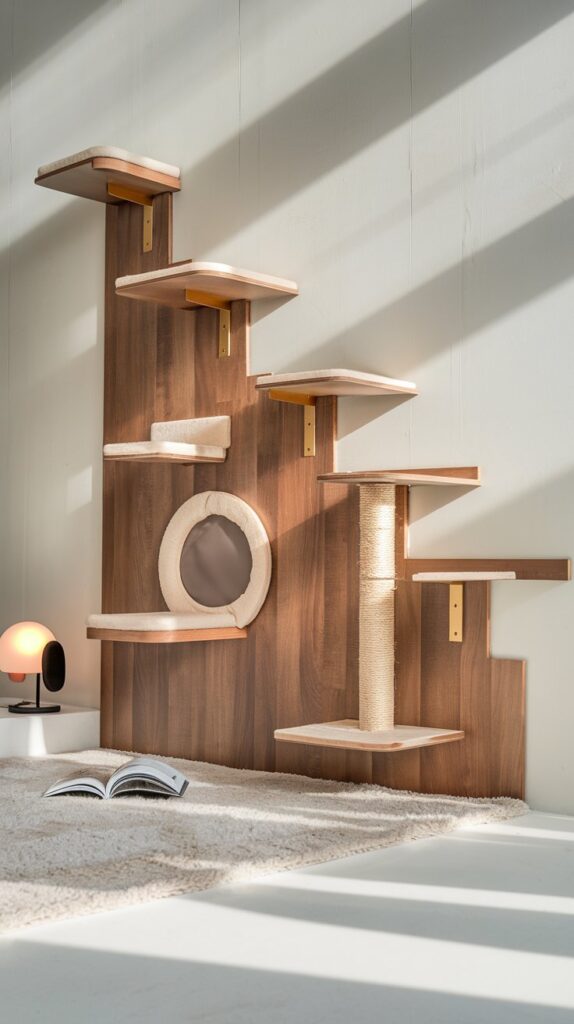 Modern cat climbing wall featuring wooden platforms with soft padding and rope-wrapped scratching sections.