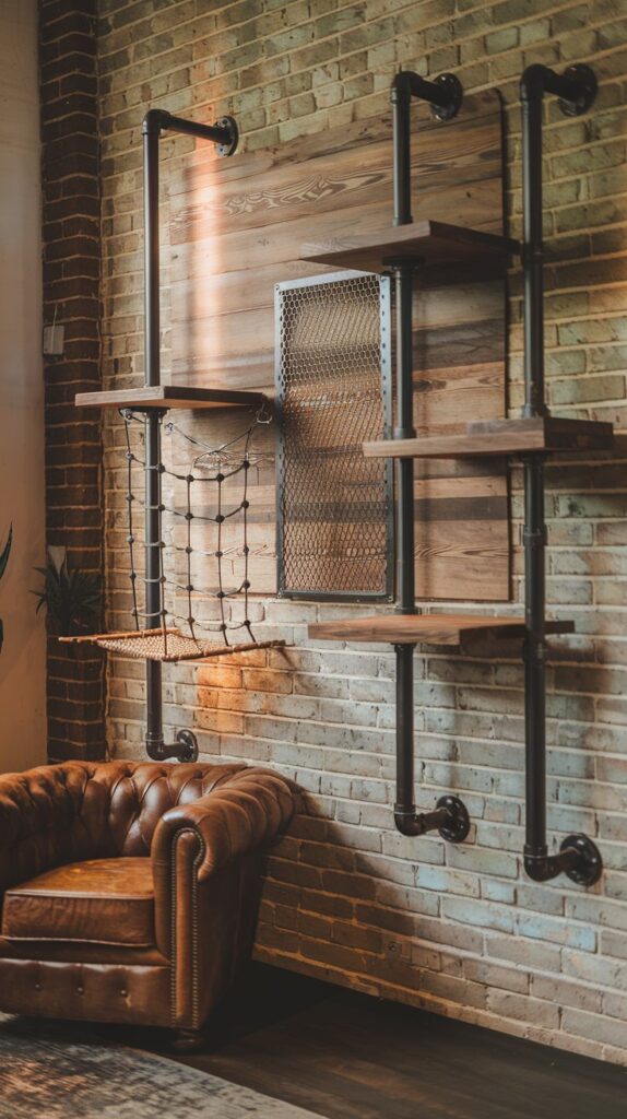 Modern cat furniture featuring rugged pipe shelving, distressed wood, and urban loft-inspired details.