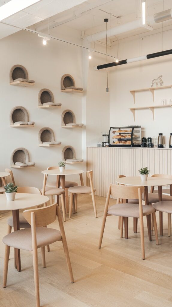 Minimalist coffee bar with built-in cat shelves and clean design.