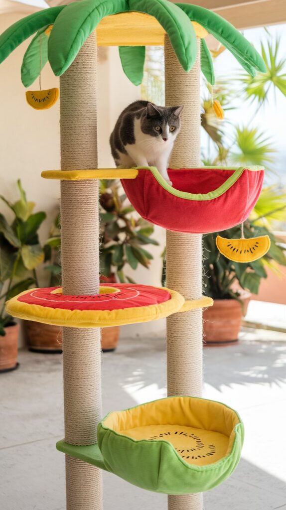 Tropical smoothie-themed cat tower with mango, papaya, and kiwi platforms, featuring a curious gray-and-white cat on top.