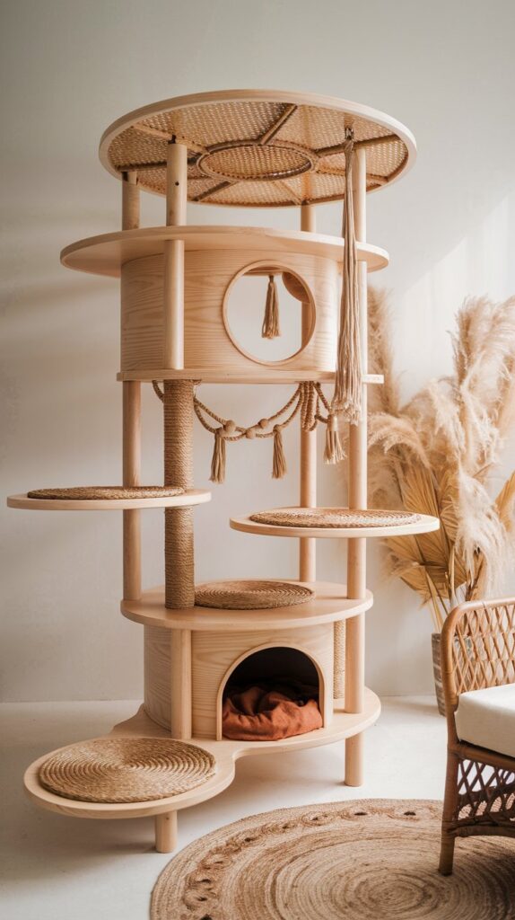 Multi-level wooden cat tower with woven seagrass mats, rope bridges, and a sun-inspired canopy for a dreamy Boho pet corner.