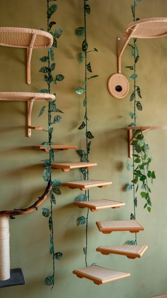 Nature-themed DIY cat tree featuring tree trunk steps, sisal-wrapped climbing posts, and a sage green backdrop.