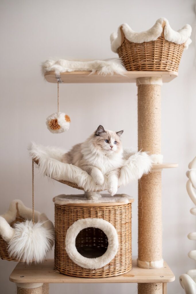 Neutral cat furniture featuring natural wood posts, sisal rope scratchers, and a multi-level lounging design.