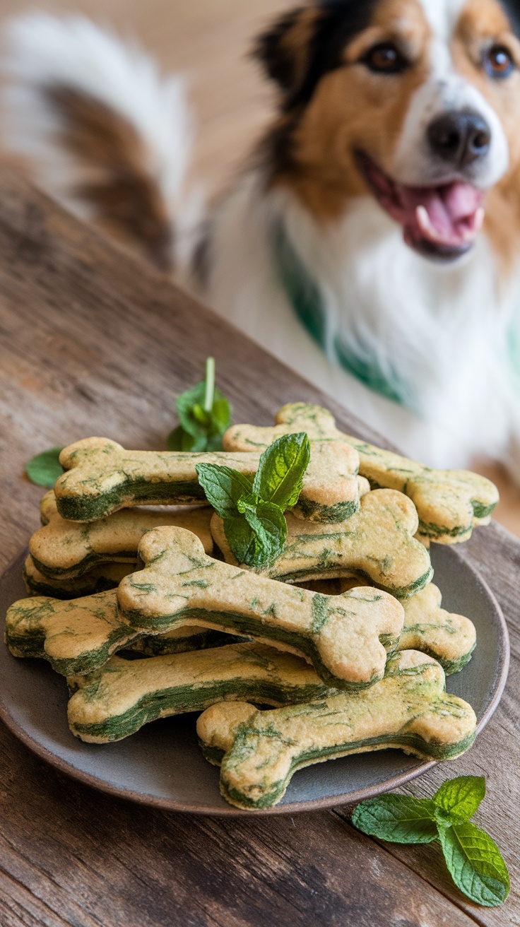 Homemade mint and spinach dog treats shaped like bones on a wooden table, surrounded by fresh mint leaves.