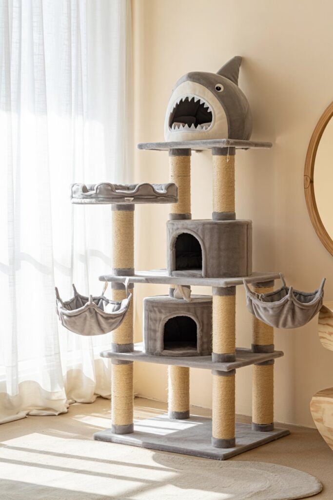 Ocean-inspired multi-level cat tower featuring shark details, hammock bed, and scratching surfaces