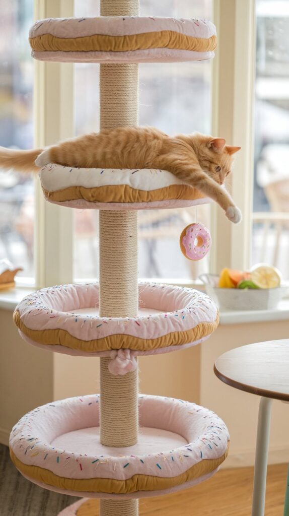 Aesthetic donut shop-inspired cat tree with plush icing-like edges and colorful confetti details in a sunlit breakfast nook.