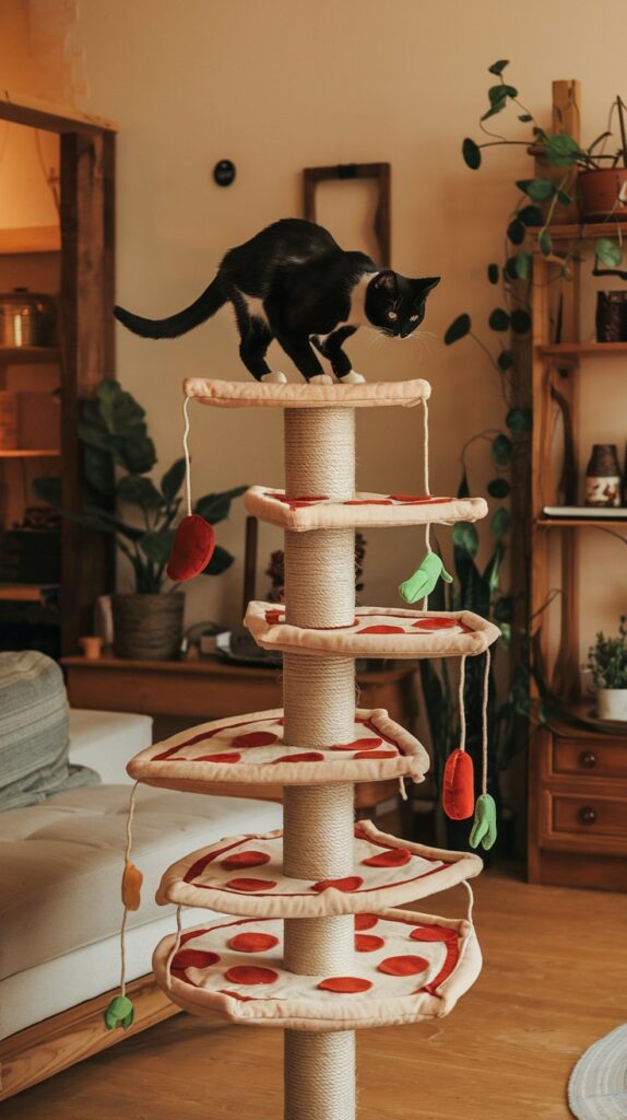 Cute and cozy pizza slice cat climbing structure, featuring dangling veggie-shaped toys and a playful tuxedo cat.