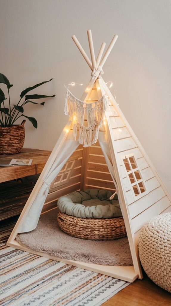 Rustic DIY cat tower with sisal rope scratching posts, hanging macrame accents, and a natural wood structure for stylish pet owners.