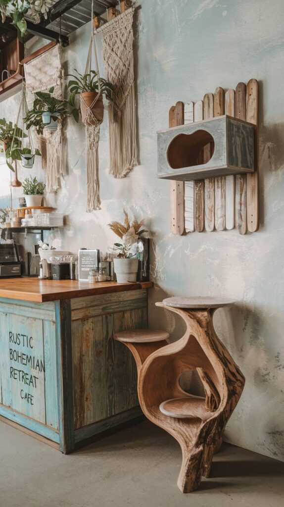 Rustic boho cat café with reclaimed wood and vintage decor.