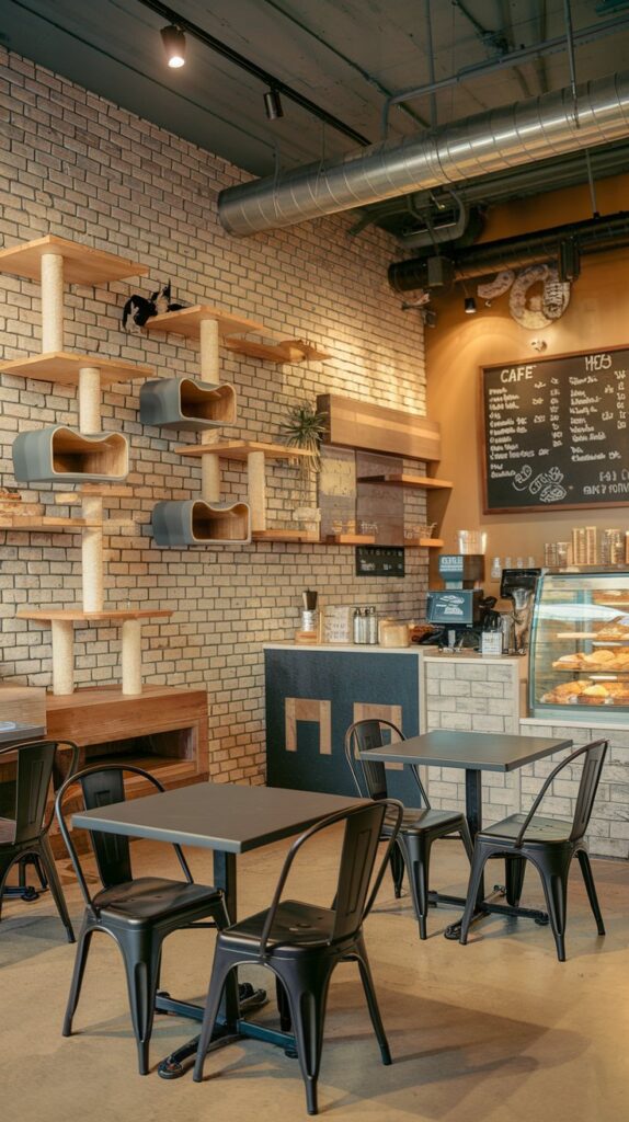 Rustic coffee shop with built-in cat shelves and wood accents.