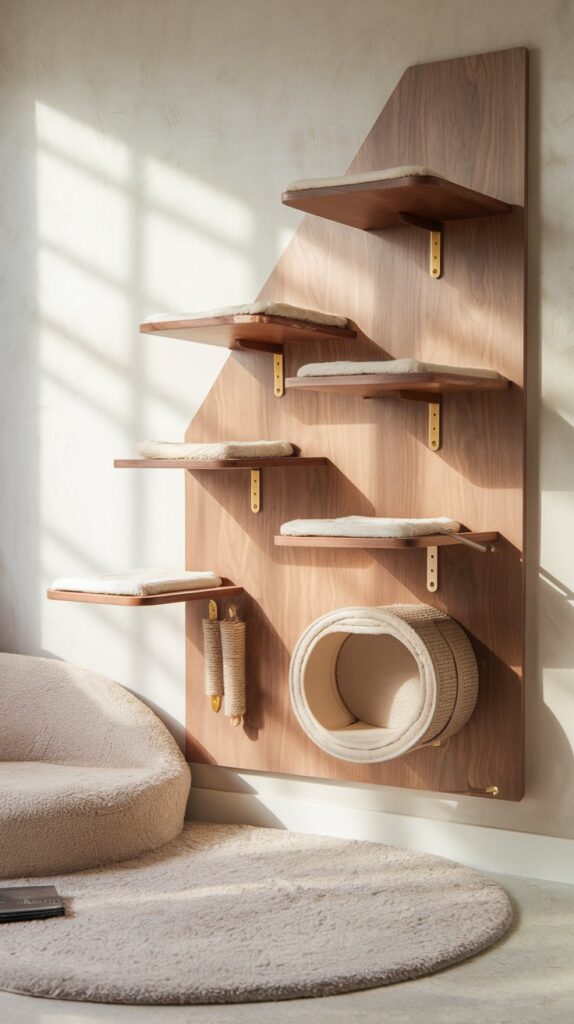 Sleek minimalist cat climbing wall with warm oak floating shelves, gold accents, and neutral-toned cushions.