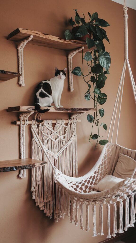 Stylish bohemian cat climbing setup featuring organic materials, earthy textures, and soft neutral tones