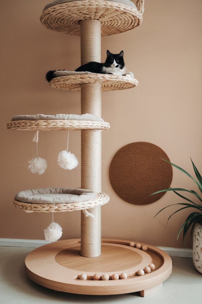 Stylish boho cat furniture with 3 wicker lounges, vertical scratch pads, and playful toys for active cats.