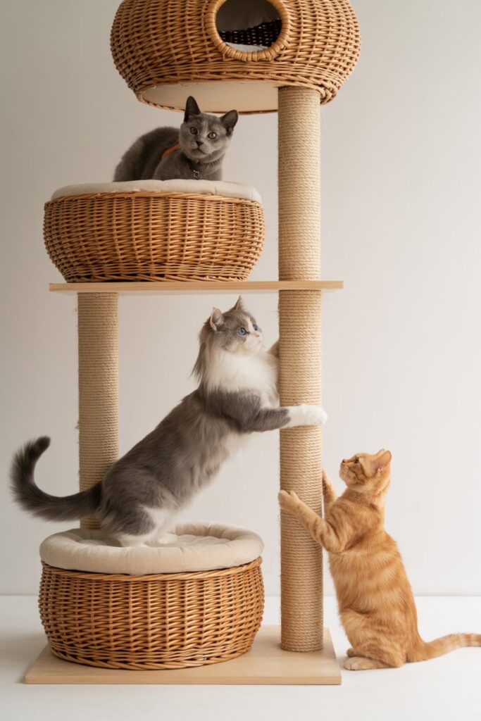 Stylish boho cat perch with round wicker beds, minimalist wood base, and multi-cat friendly design.