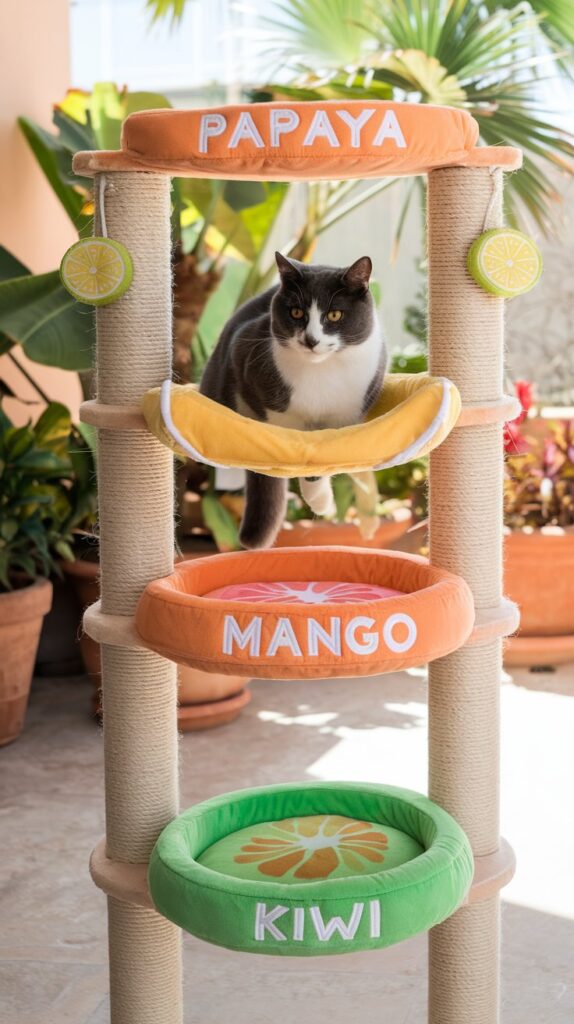 Modern smoothie-inspired cat climbing structure with soft, vibrant platforms and a cozy feline enjoying the top mango seat.