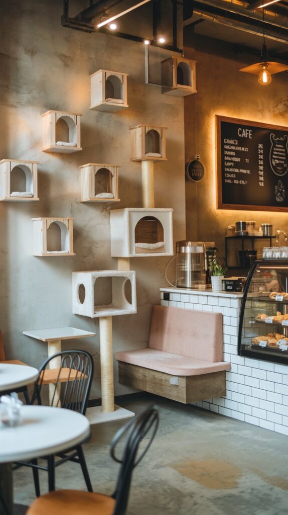 Urban cat café design with reclaimed wood and metal details.