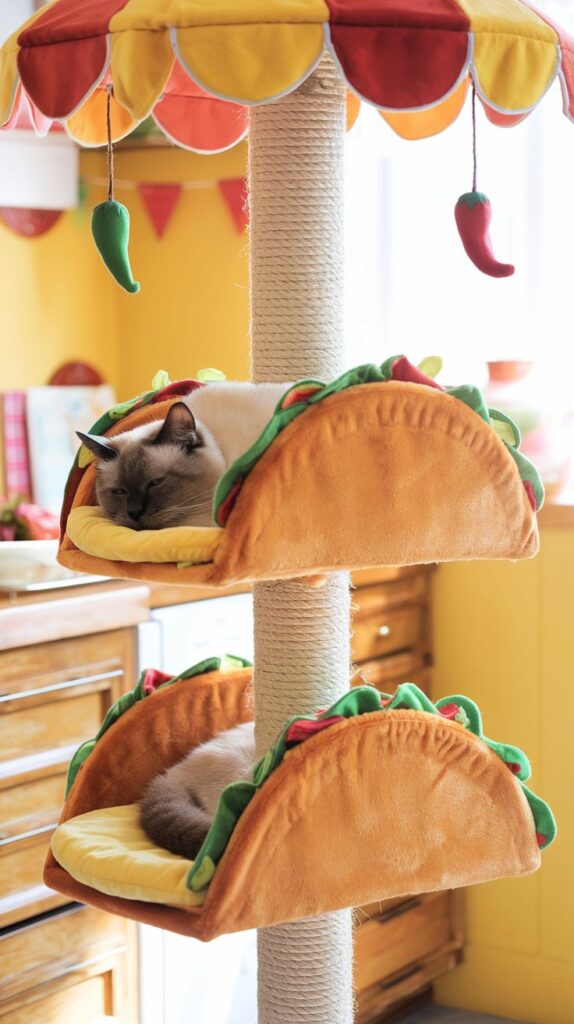 Aesthetic taco stand-inspired cat climbing structure with playful Mexican fiesta details and a relaxed cat enjoying the view.