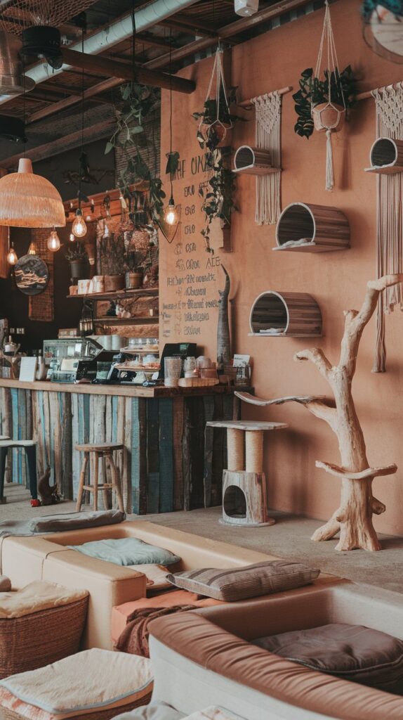 Warm, rustic cat café design with hanging plants and plush seating.